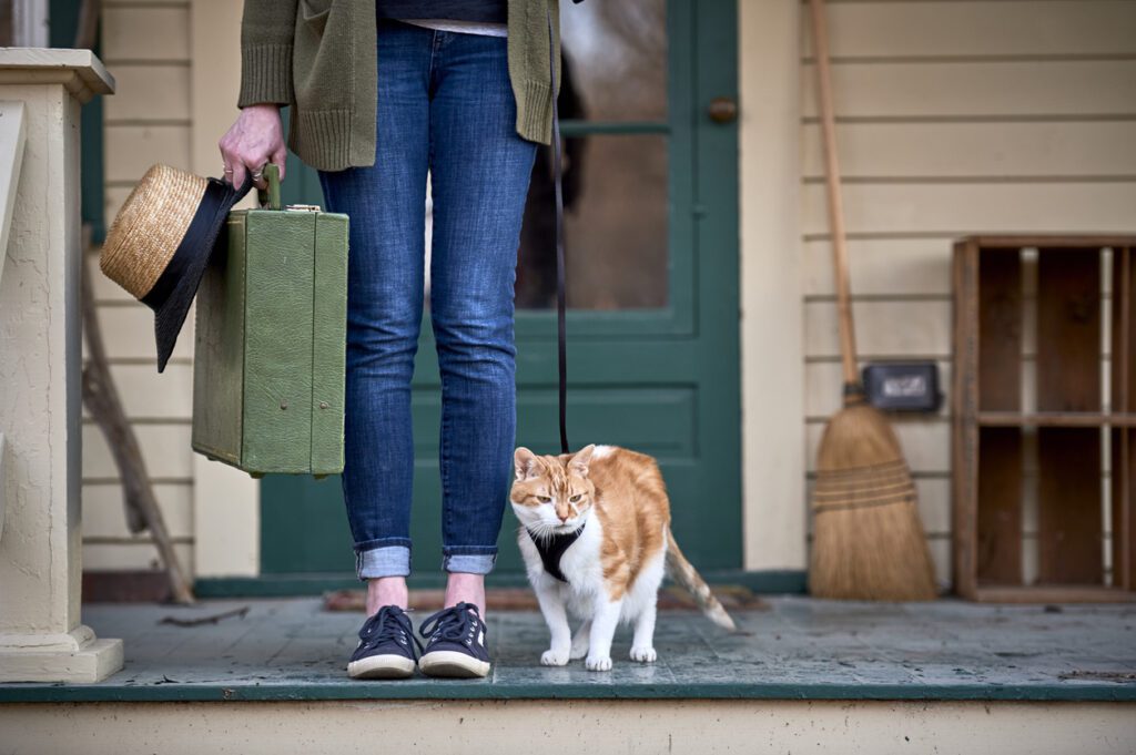 a girl and her cat are going on a vacation. pet safety with apurrfectsituation.com santa fe cat sitter.