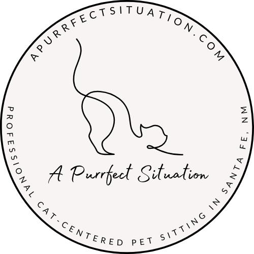 Logo for A Purrfect Situation Cat Sitting. Line drawing of cat stretching.